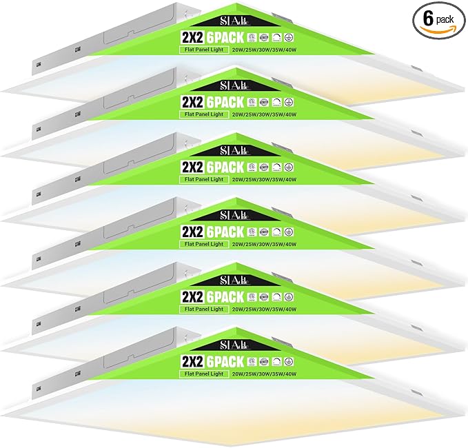6Pack 2x2 LED Light Flat Panel,40/35/30/25/20W,5 Color Temps 2.7K/3K/3.5K/4K/5K,Dimmable (0-10V) Recessed Drop Ceiling Lights,5200 LM Fixture Flush Mount Ceiling for Office Kitchen Garage ETL Listed