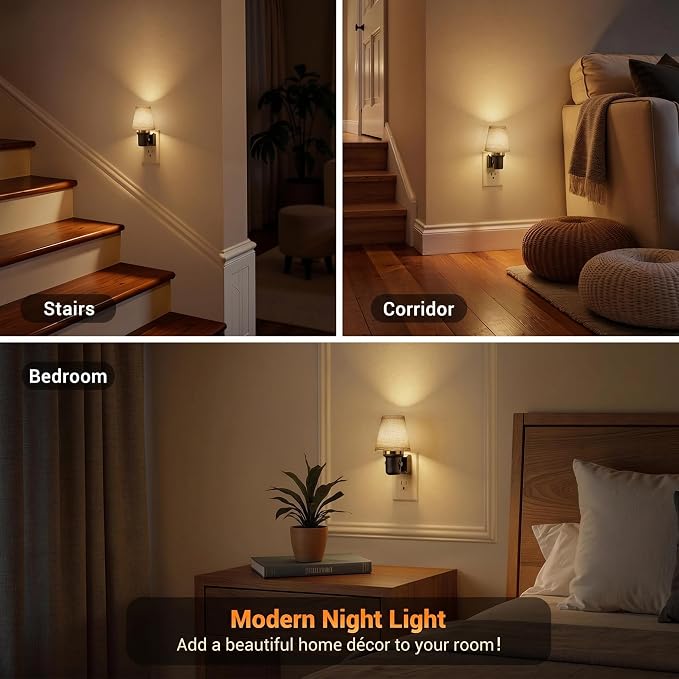 JandCase LED Night Lights Plug into Wall | Linen Fabric Round Vintage Nightlight Decorative Night Light Dusk to Dawn Sensor 0-100LM Dimmable Bedroom Living Room Hallway