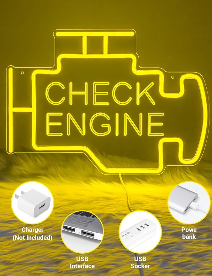 Check Engine Neon Sign for Man Cave Wall Decor, LED Light Up Garage Wall Art Sign for Car Room, Auto Repair Workshop Decor, Funny Gifts for Dad, Car Enthusiast (Check Engine)