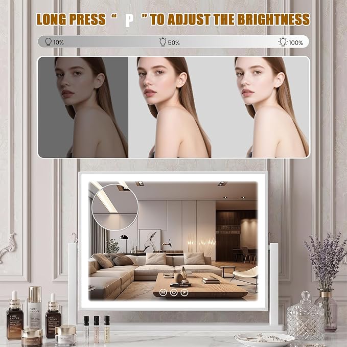 Vanity Mirror with Lights, 17"×12.2" LED Makeup Mirror, Rounded Frame, 10X Magnification, Smart Touch with 3-Color Lighting, Dimmable, 360° Rotation, Lighted Up for Makeup Desk, Bedroom (White)