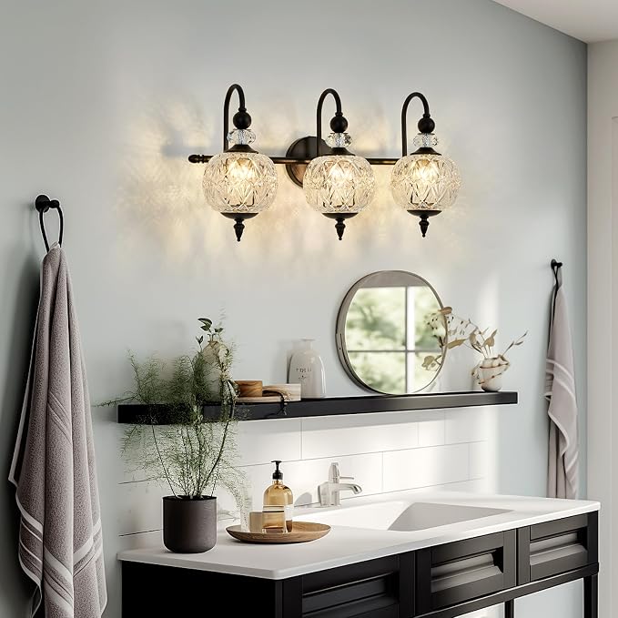 Piepooye Vintage Bathroom Light Fixtures Black Vanity Light with Glass Globe LampShade 3 Lights Mid Century G9 Bulb Wall Sconce Indoor Vanity Light Over Mirror for Kitchen Bedroom Farmhouse