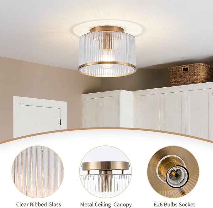 MAYNA Modern Gold Ceiling Light Fixture, 1-Light Hallway Light Fixtures Ceiling Mount, Glass Foyer Lighting Fixtures for Bedroom Bathroom Dining Room Laundry Room Entryway