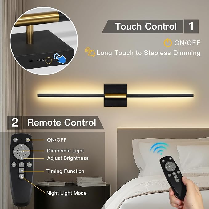 Battery Operated Wall Sconces Set of Two, Wireless Wall Sconces 31.5 Inch | Rechargeable, Remote Control, Dimmable, 360°Rotate, Cordless Wall Light Decor for Living Room, Hallway, Timing, Black Gold
