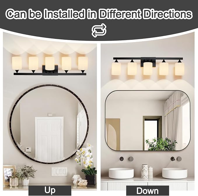 ZHU YAN 5-Light Bathroom Light Fixtures,Black Vanity Light Fixture Over Mirror,Milky White Glass Shades Wall Sconces Modern Bathroom Wall Lamp for Mirror Living Room Bedroom E26 Socket