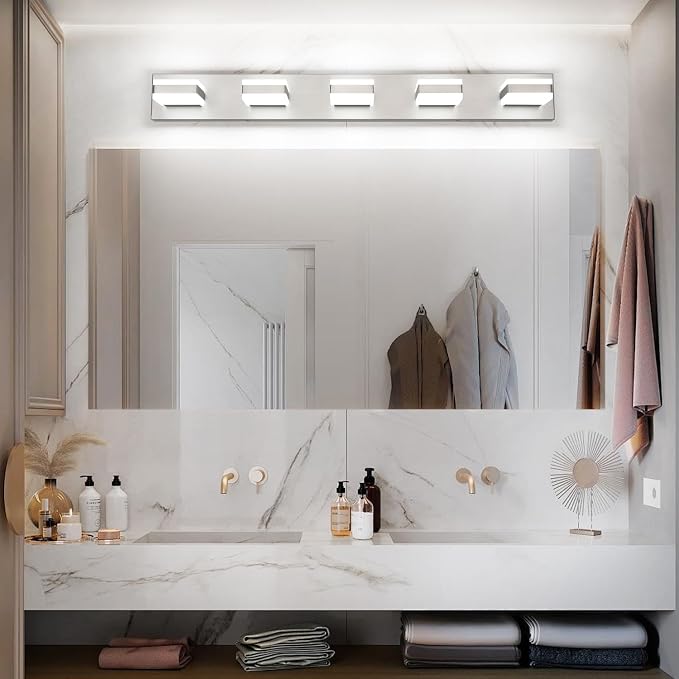SOLFART 5 Light Bathroom Vanity Light, Brushed Nickel Vanity Lighting Fixtures Over Mirror, Modern LED Lights for Bathroom Cool Light 6000K