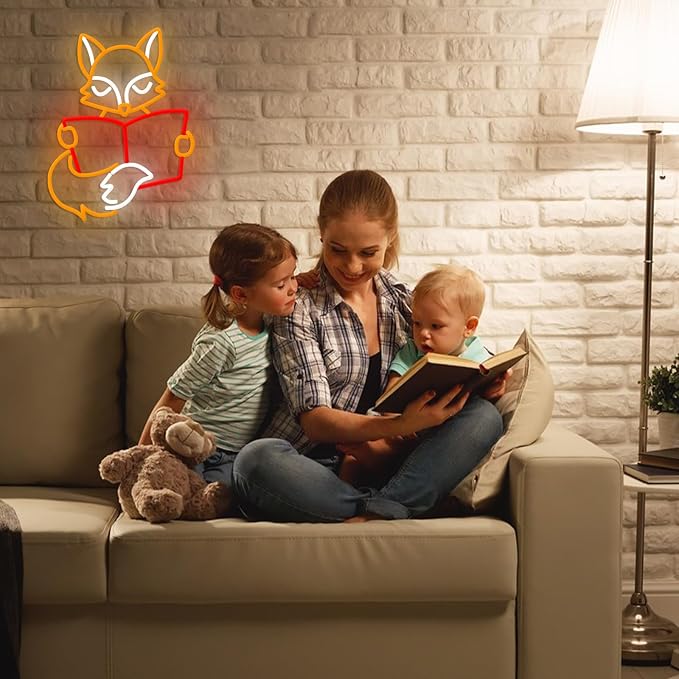 Fox Reading Book Neon Sign for Wall Decor USB Powered Read Books Light Up Sign Dimmable LED Fun Fox Neon Light for Home Bedroom Classroom Library Decor