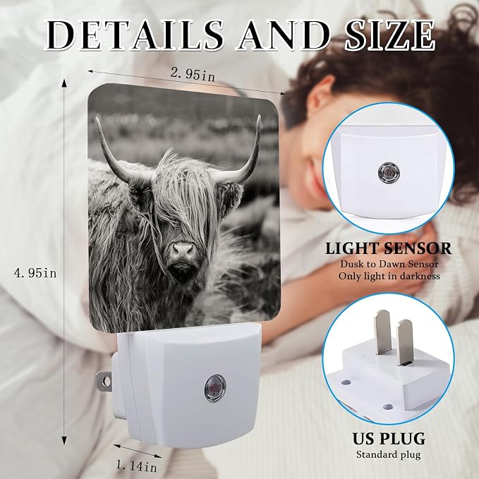 Highland Cow Night Light, Plug-into Wall Cows Nightlight Lamp with Dusk to Dawn Sensor, Led Lamp 0.5W Energy Efficient for Boys Girls Adults Home Decor