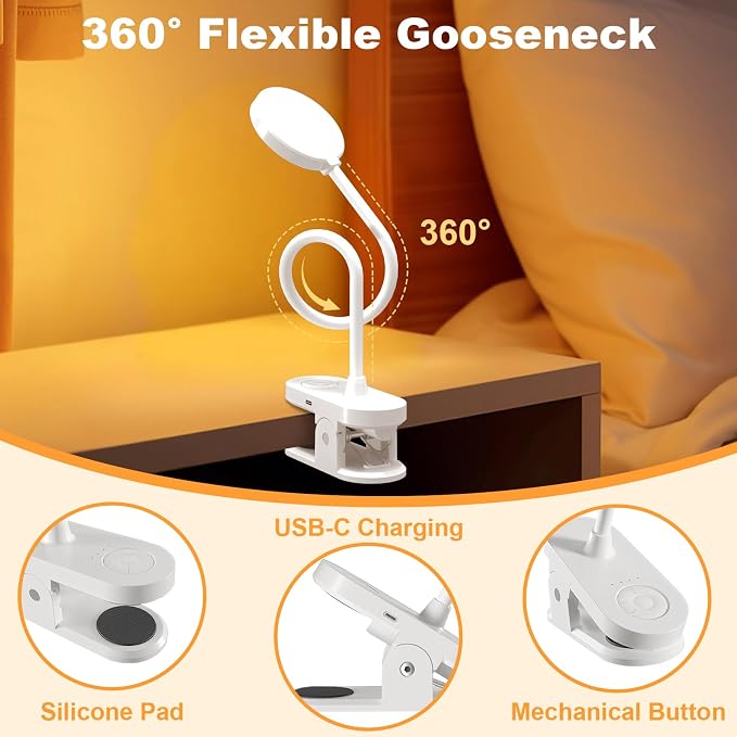 Cordless Reading Lamp with Clamp, 3.5'' Rechargeable LED Clip Light for Bunk Bed Headboard Home Office Desk, Flexible and Dimmable Book Light with 3 Color Temperatures & 10 Brightness (White/3.5'')