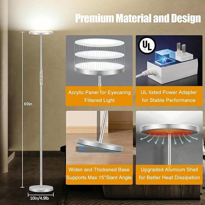 mukuxin Floor Lamp, Upgraded 40W 4000LM Super Bright Torchiere LED Floor Lamps for Living Room, Stepless Dimmable Color Temperature 2700K-6500K with Remote & Touch Control, Standing Light (Silver)