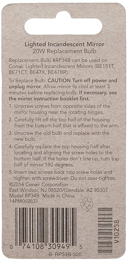 Conair Incandescent Mirror Replacement Bulb, 20W, 1 Clear (Pack of 2)