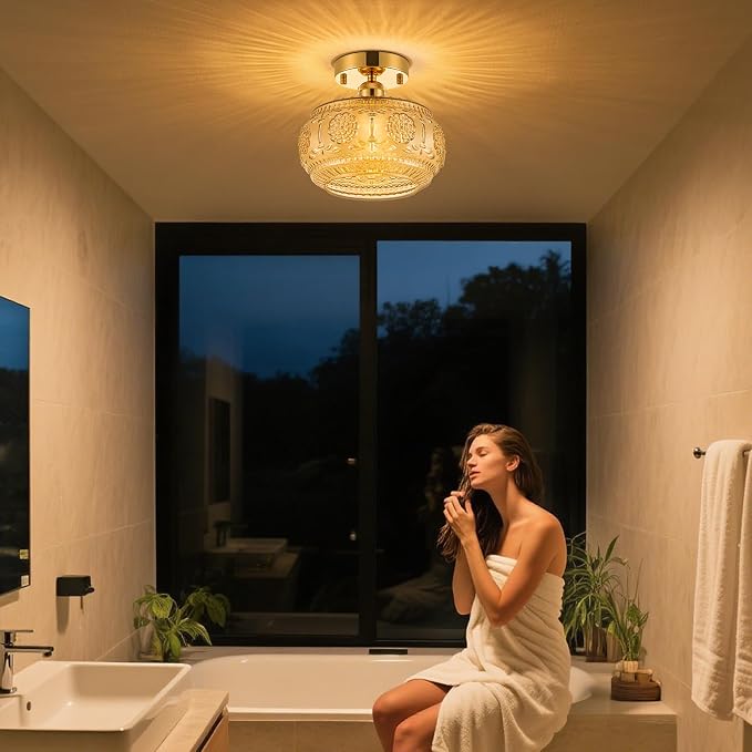 Semi Flush Mount Ceiling Light - French Gold Finish & Amber Floral Glass Shade, Vintage Modern Lighting for Bathroom, Kitchen, Bedroom (Bulb Not Included)