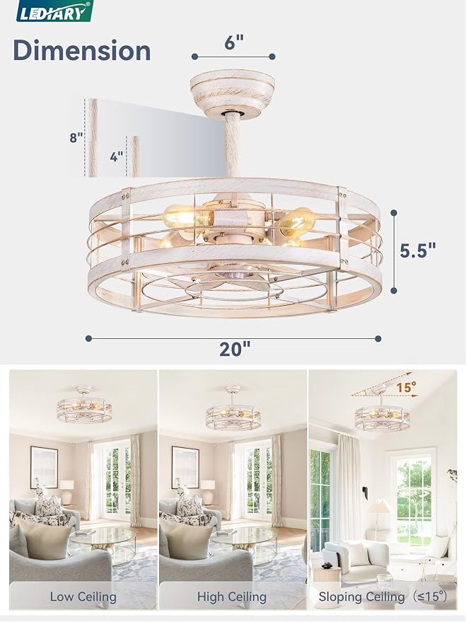 LEDIARY 20 inch Fandelier Caged Ceiling Fan with Light, White Gold | 6 Speed Adjustable,Timing, Quiet & Powerful DC, Small, Farmhouse, Industrial, Enclosed, Bladeless, Bedroom, Kitchen, Downrod