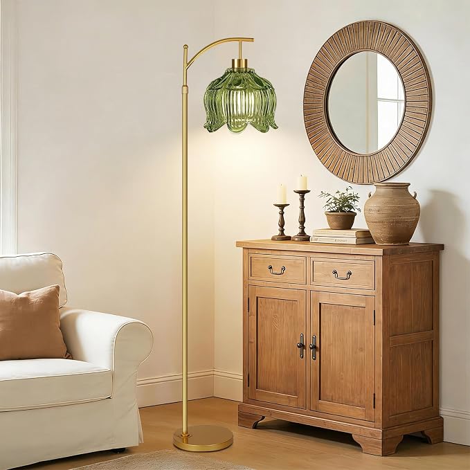 QIYIZM Green Floor Lamp for Living Room,Bedroom,Gold Dimmable Standing Lamp with Remote,Mid Century Modern Brass Tall Lamp Boho Floor Lamps Arc Vintage Glass Flower Floor Light Lamp Girls Bohemian