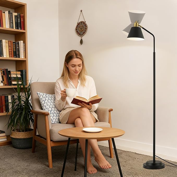 65.3" Floor Lamps for Living Room, Black Floor Lamp for Bedroom, Dual-Base Industrial Standing Lamp, Adjustable-Head Corner Lamp, Modern Tall Lamp, Living Room Light, Bulb Included, Black