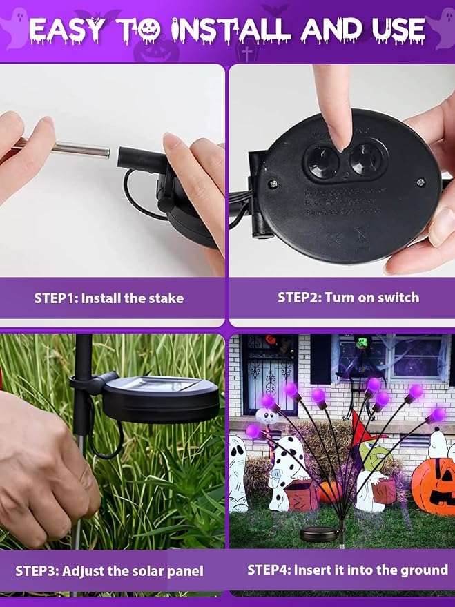 Halloween Decorations Outdoor Solar Firefly Lights 6 Pack 48 LED Purple | 2 Lighting Modes, Memory Function and Auto On/Off, Sway with Wind, Waterproof Halloween Decor for Outside Horror Party Garden
