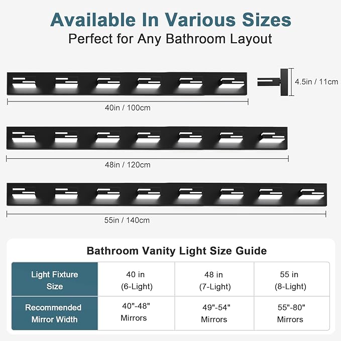 LED Modern Bathroom Vanity Light Fixtures, 8-Light 55-inch Dimmable Matte Black Vanity Lights for Bathroom Lighting Fixtures Over Mirror, with 350° Rotatable Acrylic Heads (Cool White 6000K)