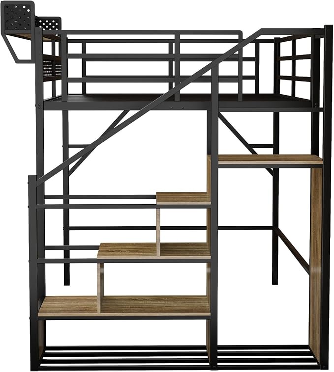Queen Size Metal Loft Bed with Reversible Stairs and LED & USB Port | Storage Shelf, Reversible Storage Stairs with Wardrobe, LED Lights,USB Charging Port,Sturdy Noise-Free Design,Large Under Bed