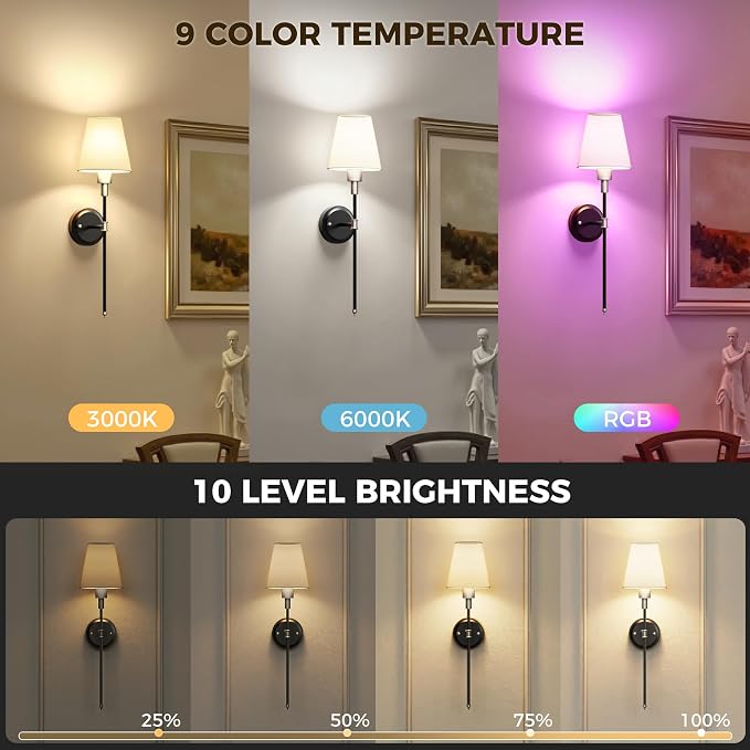Battery Operated Wall Sconce: Set of 2 Wireless Wall Light 12000mAh | 15 Color Rechargeable Wall Sconces, Sconce Wall Decor Set of 2 for Bedroom, Living Room, Gold, 24.6in