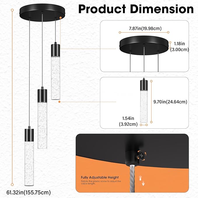 Pendant Lights Kitchen Island, 6500K Modern Kitchen Island Lights Brushed Black, Ceiling Lighting Fixtures with Crystal Bubble, Integrated LED Hanging Light for Dining Room 1 Pack(3-Light)