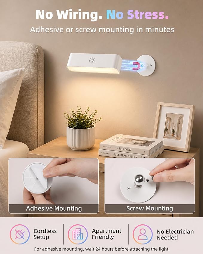 EZVALO Battery Operated Wall Sconce, Rechargeable Magnetic Wall Light with Remote, RGB Mood Lighting & 3 White Tones, Dimmable Wall Lamp for Bedroom, Gaming Room, Apartment Decor