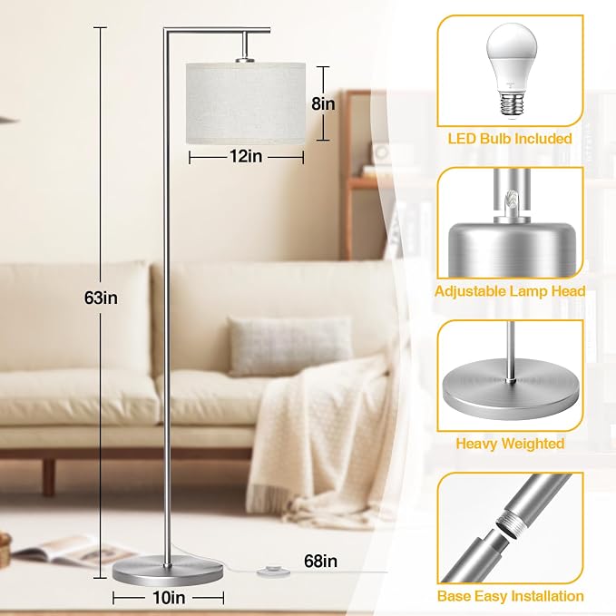 63" Silver Floor Lamp for Living Room, Modern Standing Lamp, 1 Pack | 3 Color Temperatures, Adjustable Beige Linen Lampshade, For Living Room Bedroom Office Classroom Dorm, 9W LED Bulb Included