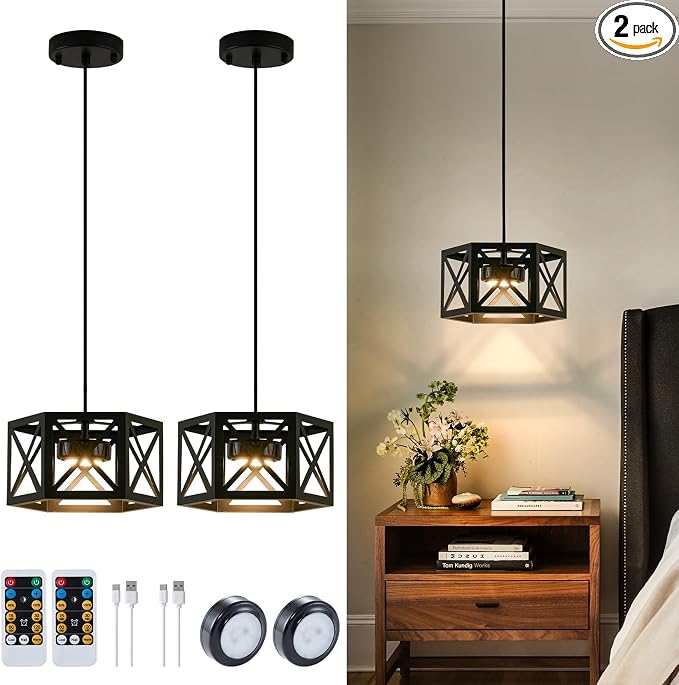XSDeTu 2 Pack Rechargeable Battery Operated Pendant Lights, Modern Farmhouse Battery Powered Hanging Light, 3 Colors Dimmable Metal Ceiling Lights, Adjustable Black Pendant Lighting for Kitchen island