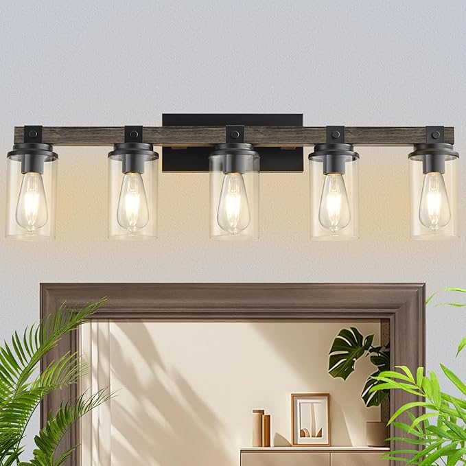 GoYeel Farmhouse Bathroom Vanity Lighting,5 Light Vanity Light Bathroom Lighting Lixtures Over Mirror Wooden with Clear Glass for Hallway Kitchen Sink