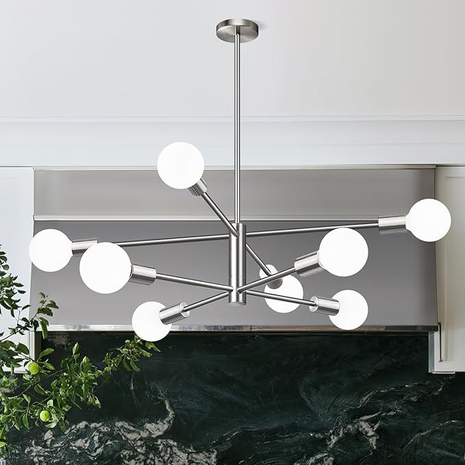 Sputnik Chandeliers Dining Room Light Fixture (8-Light, 30-Inch), Modern Brushed Nickel Chandelier, Height Adjustable Mid Century Modern Chandeliers for Dining Room Kitchen Island (Bulbs Not Included)