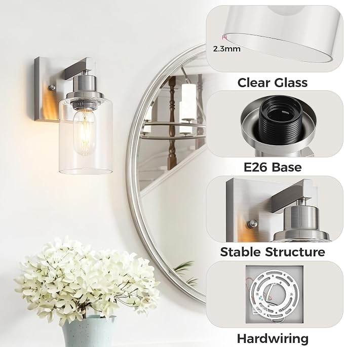 Bathroom Wall Sconces Set of 2,Brushed Nickel Wall Sconce,Vanity Light with Clear Glass Wall Mounted Light Fixture,Farmhouse Wall Lamp for Bedroom Living Room Mirror Hallway