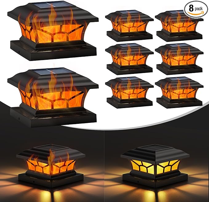 8 Pack Solar Post Cap Lights Outdoor Flickering Flame & Warm White, Fits 4x4 5x5 6x6 Wooden or Vinyl Posts, Waterproof Solar Fence Deck Lights for Yard Garden Patio Decoration.
