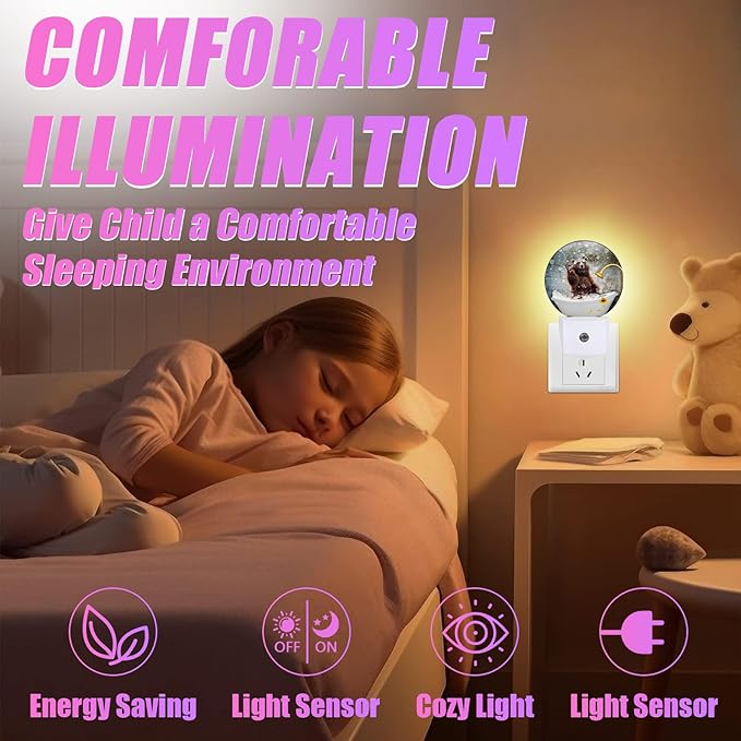 Brown Bear Bathing Night Light LED Lamp Round Plug into Wall Nightlight with Dusk to Dawn Sensor Home Hallway Stairway Kitchen Decor