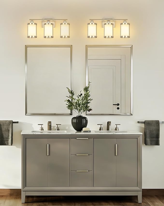 3-Light Brushed Nickel Bathroom Light Fixtures with Milk Frosted Glass, 21" Modern Bathroom Vanity Lighting Fixtures Over Mirror with Metal Cage, Wall Sconce Lights for Bath, E26, OS-3014BNW-3W