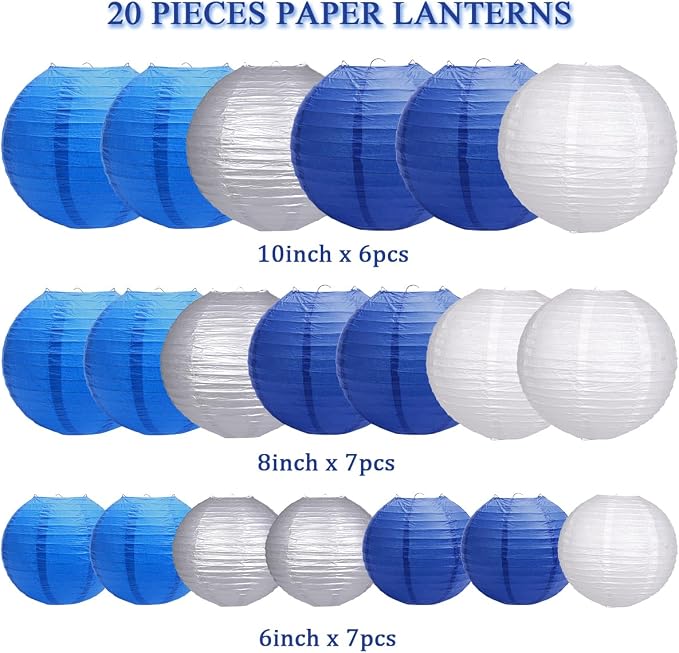 Paper Lanterns Party Decorations, Hanging Round Chinese Lanterns for Graduation New Year Blue Birthday Decorations Pack of 20 Blue Silver