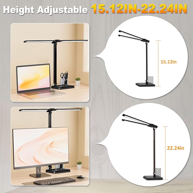 Retractable Dimmable LED Desk Lamp with USB Charging Port Desk Light | Height Adjustable 50 Lighting Modes Dual Swing Arm Architect Adjustable Table Lamp Light for Home Office Dorm Nail, Black