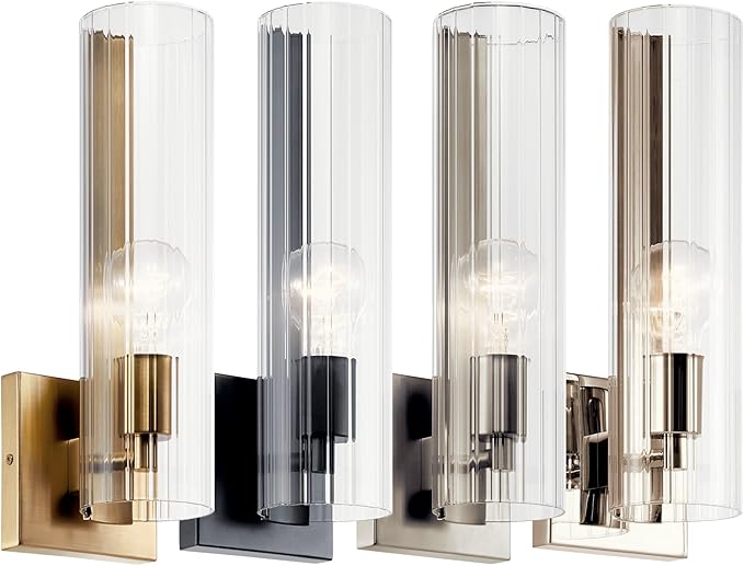 Kichler Jemsa 1 Light Wall Sconce, Modern Light with Clear Fluted Glass in Black for Bathroom, Powder Room, Sides of Fireplace, Down a Hallway, Kitchen, or Bedroom (14" x 4.75"), 55165BK