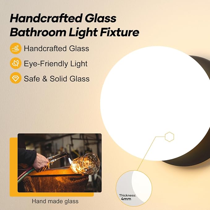 2 Pack Modern Matte Black Wall Light Fixtures, Mid-Century Globe Glass Wall Sconces Set of Two for Bathroom Mirror, Living Room, Hallway, Entryway (Bulbs Not Included)