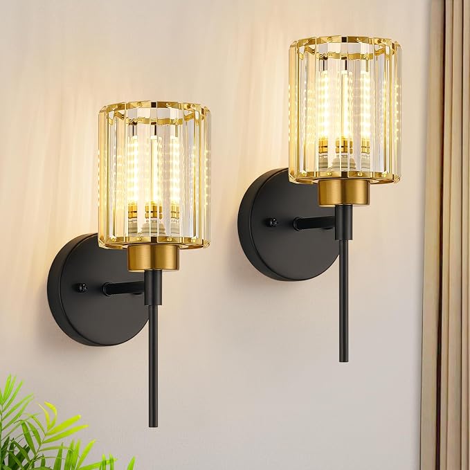Bathroom Wall Sconces Set of 2, Black & Gold Wall Lights with Clear K9 Crystal Shades, Bathroom Light Fixtures for Bedroom, Living Room, Hallway