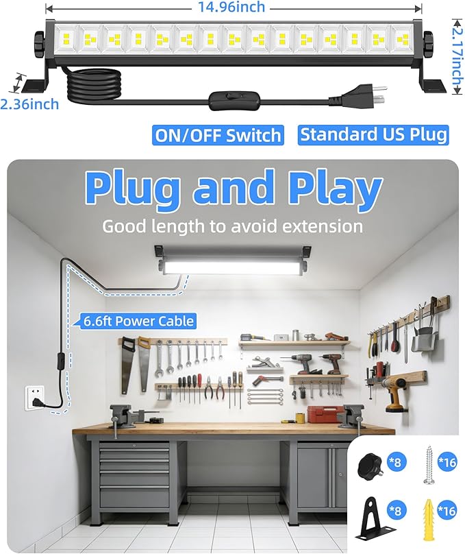 40W LED Shop Light 5400LM Brighter, Plug in Garage Light with On/Off Switch & 6.6FT Cord, 6000K Daylight White Workshop Bay Lighting for Garage Workbench Warehouse Factory Basement, 4 Pack