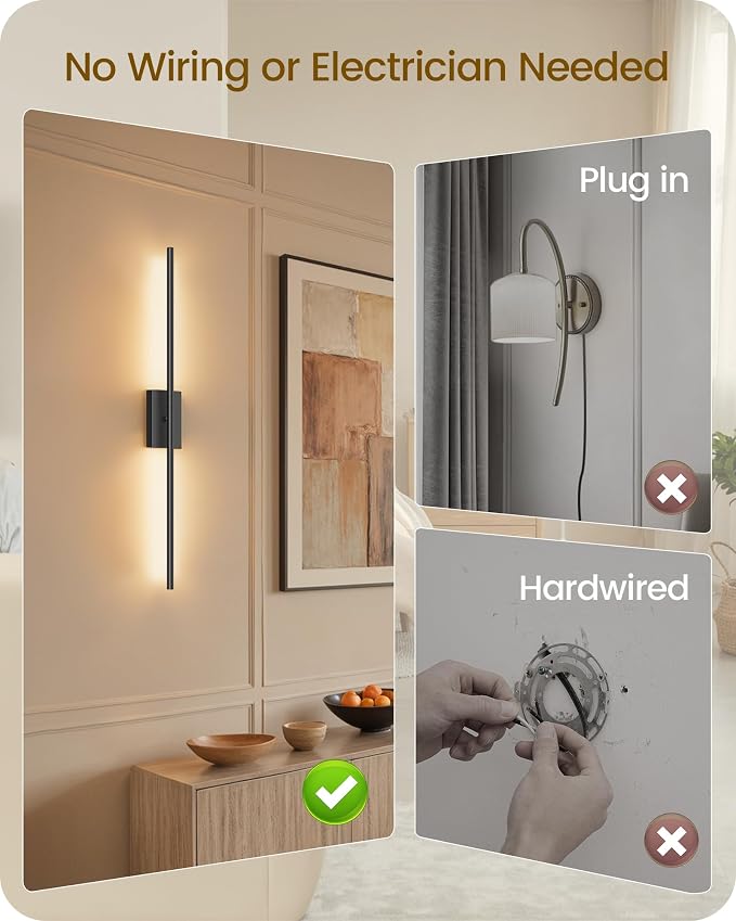34.6" Wireless Battery Operated Wall Sconces Set of Two,Rechargeable Lamp with Remote, 360° Rotation, 10000mAh Battery, Touch Dimmable Lights for Living Room Hallway Bedroom, Black B05YBP205