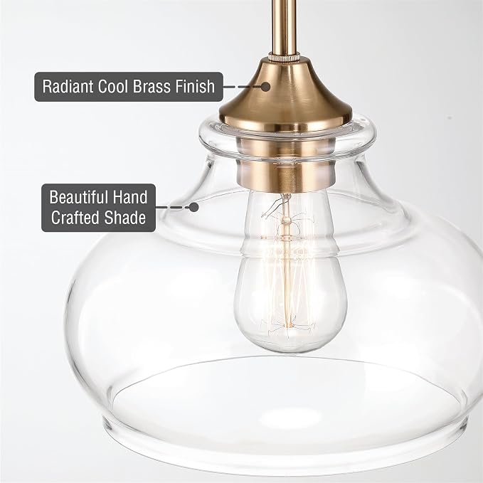 Kira Home Harlow 9" Modern Schoolhouse Pendant Light for Ktichen Island | Clear Glass Shades, Industrial Farmhouse Gold Hanging Fixture, Premium Cool Brass Finish