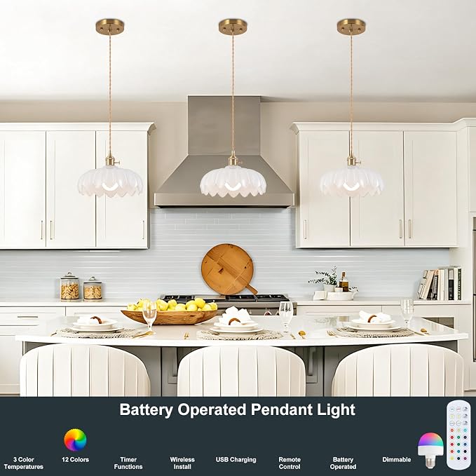 Battery Operated Pendant Light,White Vintage Light Fixtures RGB Rechargeable Light Bulb 2500mAh 9.8in with Remote Control Wireless Adjustable Chandelier for Kitchen Island Hallway 1 Light