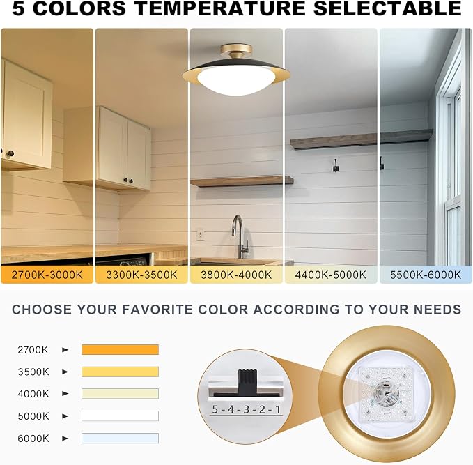 YURNYQ Dimmable Modern LED Black and Gold Ceiling Light Fixture 15.75 in | Glass Shade Kitchen Semi Flush Mount Ceiling Light Fixture,5CCT In One Light Fxiture for Hallway Bedroom Laundry Room Foyer