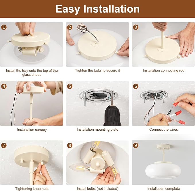 WOKNOS Mid-Century Modern Cream Whit Semi Flush Ceiling Light 12.6 Inch | 3-Light Glass Shade Close to Ceiling Lighting Fixture For Kitchen Entryway Hallway Bathroom Closet Bedroom Laundry Room
