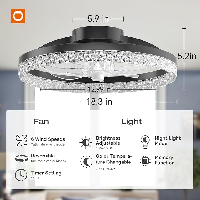 addlon Ceiling Fans with Lights and Remote, 18'' Low Profile Ceiling Fans, 3000-6000K Dimmable Modern Flush Mount LED Fan Light, Fandelier Ceiling Fan for Bedroom, Kitchen, Living Room, Black