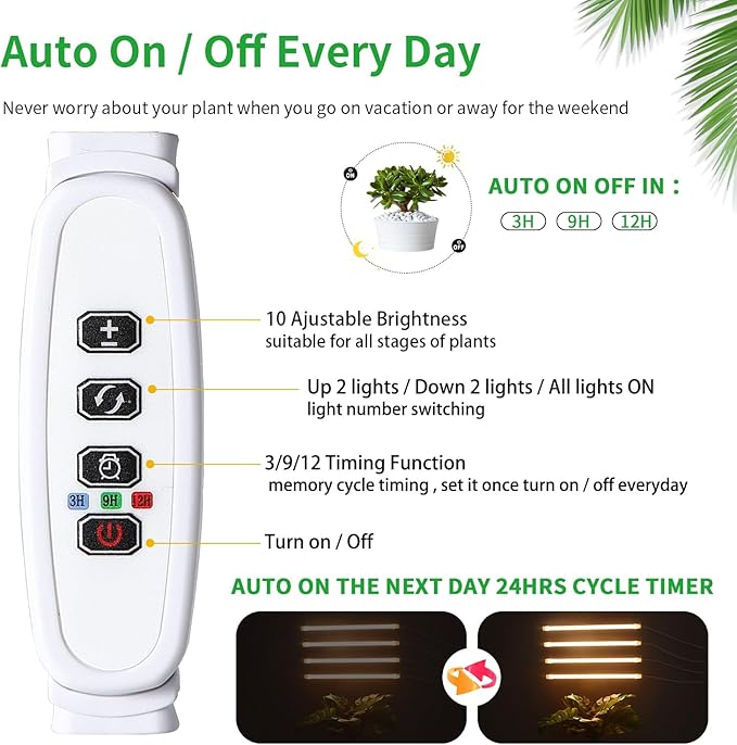 LED Plant Growing lamp, 3000K Full Spectrum Grow Light Strips for Indoor Plants with 3/9/12H Timer & 10 Dimmable Levels, Sunlike Grow Light for Green House Hydroponics Succulent