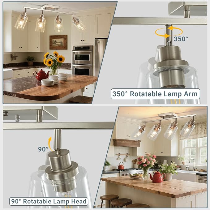 LOUSACE 4-Light Brushed Nickel Track Lighting Kit with Clear Glass, Modern Track Light Fixtures Flush Ceiling Mounted, Tracking Vanity Lighting Rotatable Spotlight for Kitchen Bathroom Accent Shop