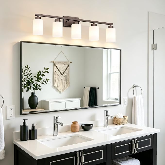IZORRO Modern Bathroom Light Fixtures, 5 Light Oil-Rubbed Bronze Vanity Lights, Bathroom Lighting Fixtures Over Mirror with White Glass for Living Room Cabinet Bedroom