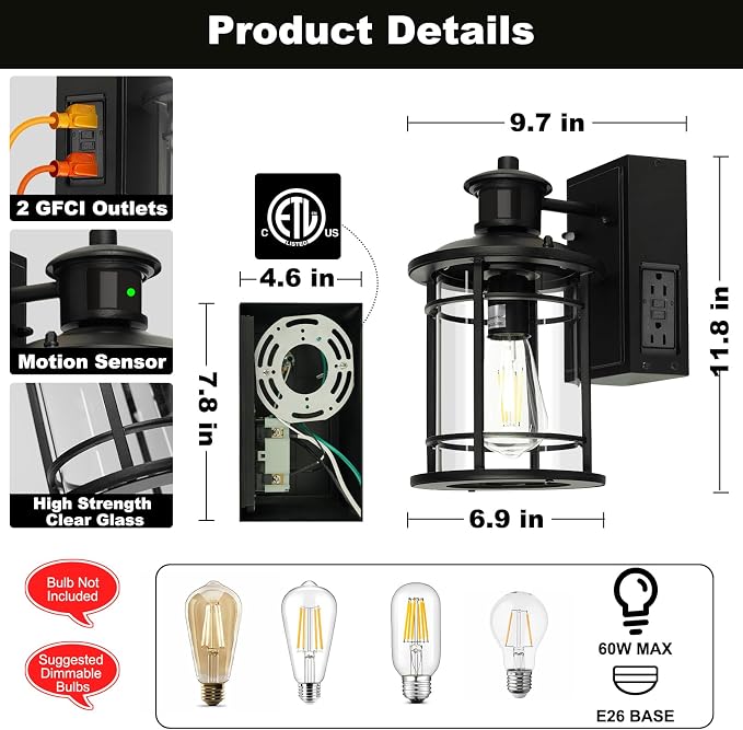 Retro Industrial Black Outdoor Wall Lights with GFCI Outlet - Dusk to Dawn & Motion Sensor Porch Light, 3 Modes, Waterproof Anti-Rust Exterior Sconce for Porch,Garage, Patio, House