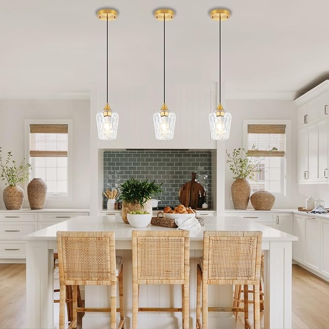 3 Pack Gold Pendant Lights Kitchen Island, Modern Hammered Glass Pendant Lighting Over Island, Hanging Kitchen Light Fixtures Over Sink Adjustable Mini Pendant Light for Bathroom Hallway Dining Room