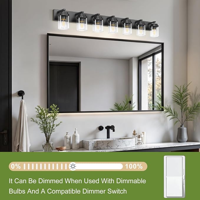 Black Bathroom Light Fixtures, 7 Lights Bathroom Lighting Fixtures Over Mirror, Square Design & Rectangle Large Backplate, Modern Vanity Lighting Fixtures, for Bathroom/Living Room/Bedroom